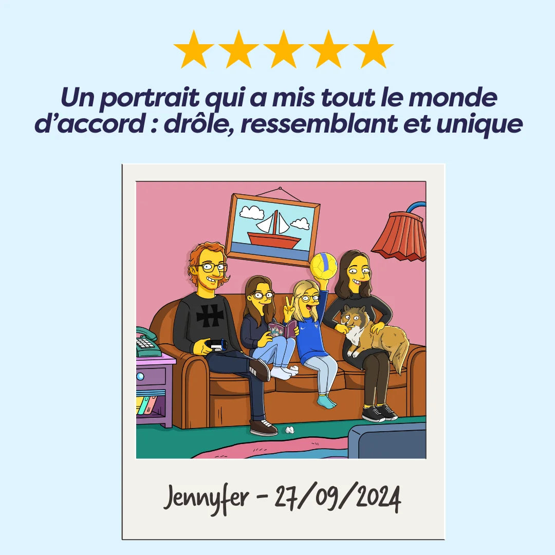 portrait personnalisé d'une famille dessinée en personnage des Simpson dans leur salon